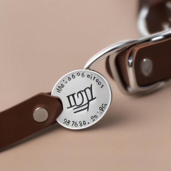 Dog ID Tags Engraved Jewelry: A silver dog tag engraved with a dog's name and contact information hangs from a stylish leather collar.