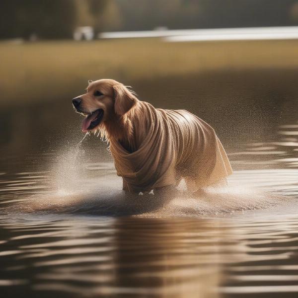 Dog in Bathrobe Shaking off Water