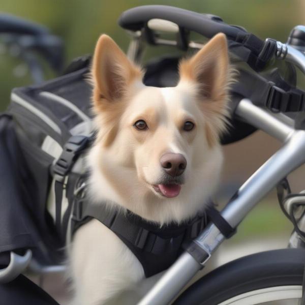 Dog secured in a bike carrier wearing a safety harness.