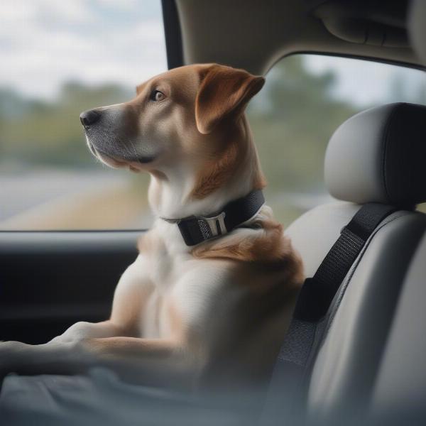 Dog safely secured in a car