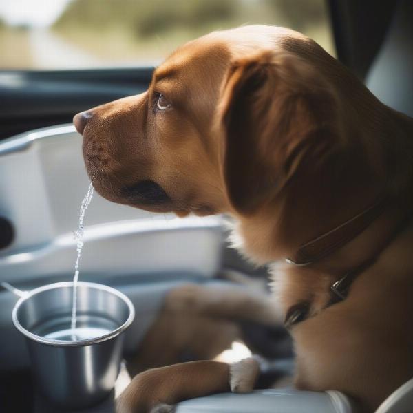 Dog drinking water during a car ride