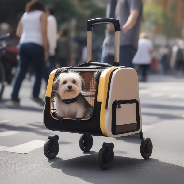 Dog in carrier on wheels on a city street