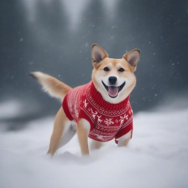 A dog wearing a Christmas sweater playing in the snow.