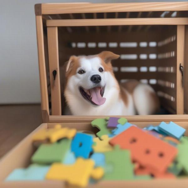 Dog entertained in crate with puzzle toy