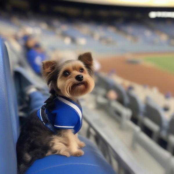 A dog wearing a Dodgers jersey at Dodger Stadium