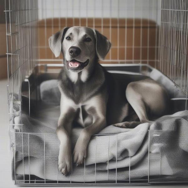 A happy dog relaxing in their gray crate