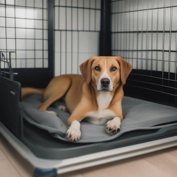 A Comfortable Dog in a Kennel with a Tray