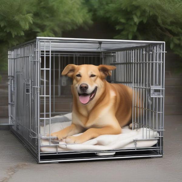 A dog relaxing comfortably inside a luckup dog crate.