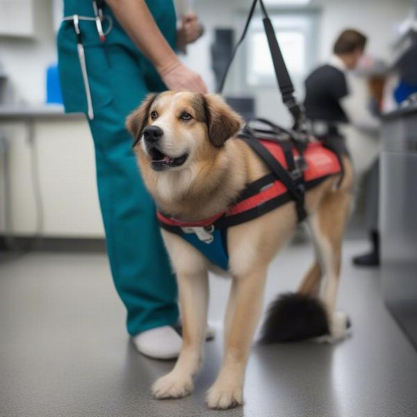 A dog in a sling being examined by a vet