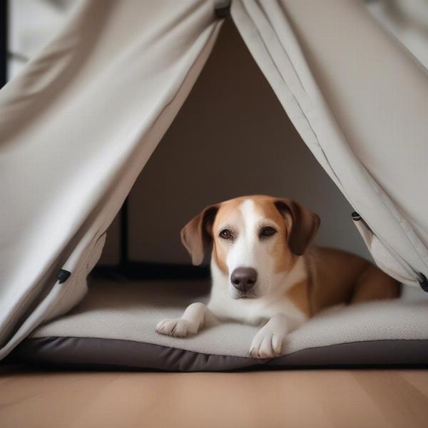 A dog relaxing in their tent.