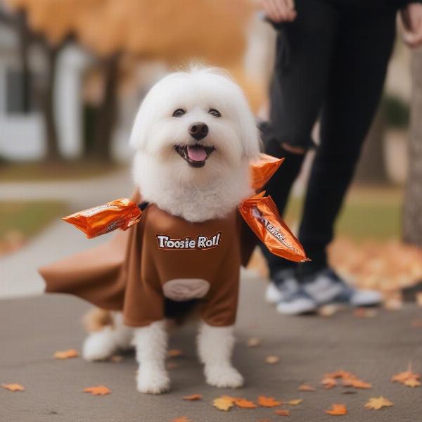 Dog in Tootsie Roll Costume Trick-or-Treating