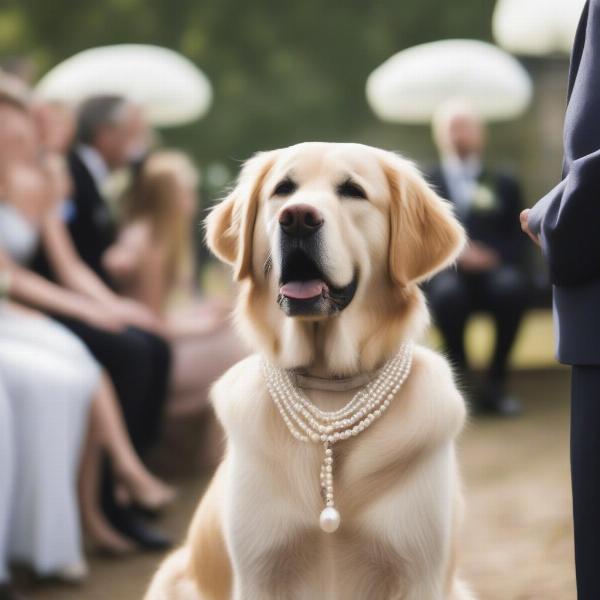 Dog at a wedding with a pearl collar