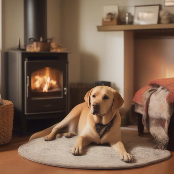 Dog relaxing by the fireplace inside a cozy cottage