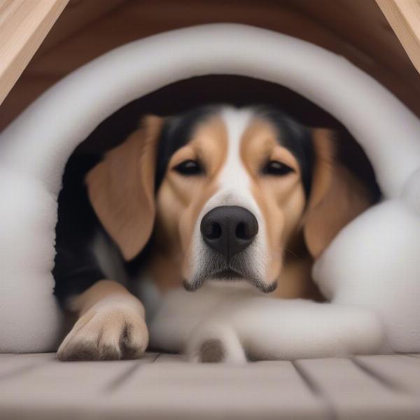 Dog resting inside an igloo dog house