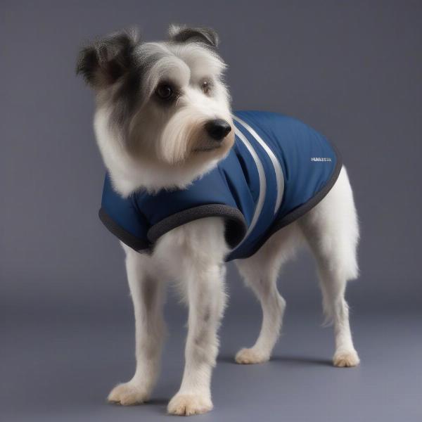 A close-up of a dog jacket with reflective strips