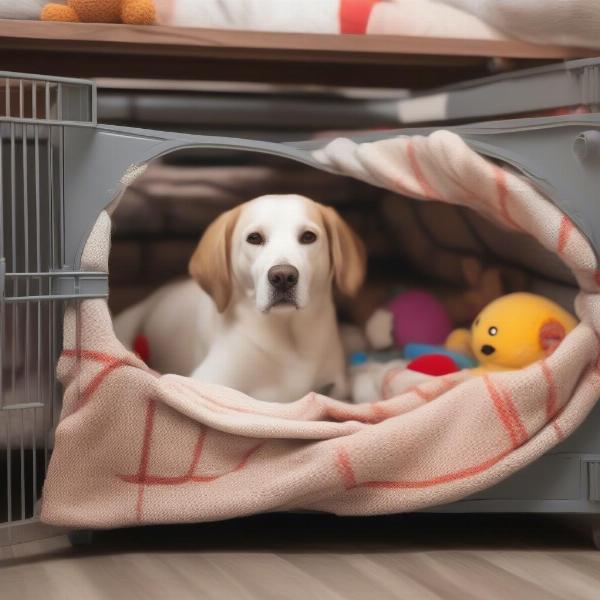 Dog comfortably settled in a kennel in Prince George BC