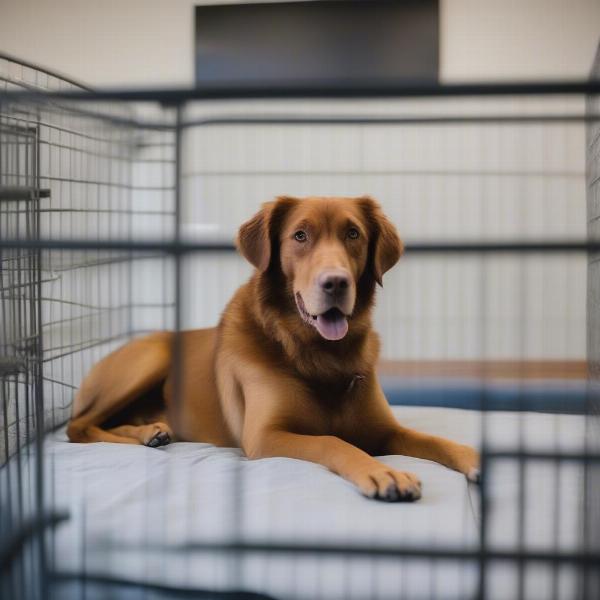 Dog Relaxing in a Kennel with Comfortable Bedding