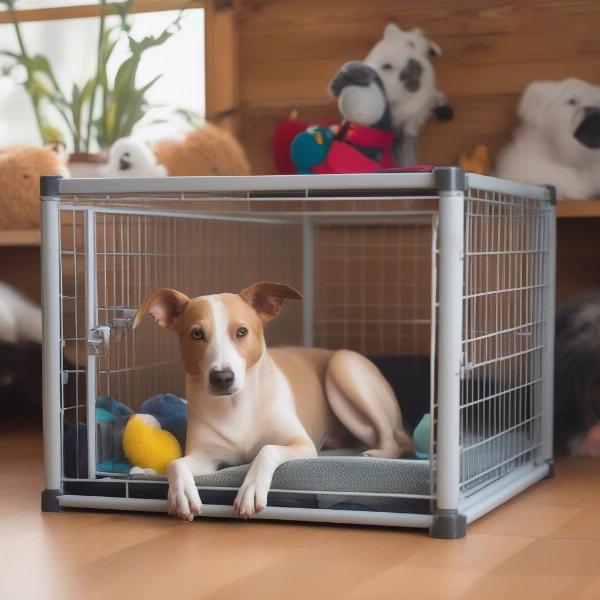 Happy Dog in a Kennel