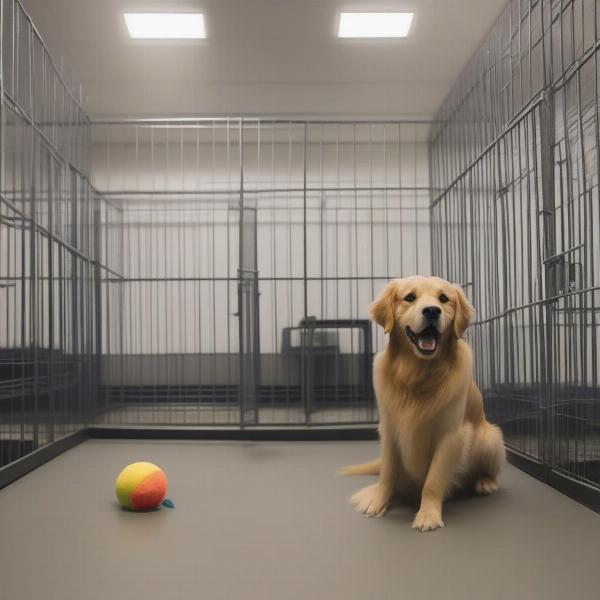 A happy dog playing in a spacious and clean kennel in Shrewsbury.