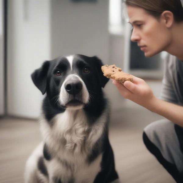 Dog learning "leave it" command with a treat