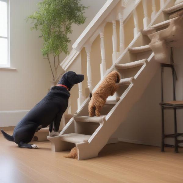 A dog learning to climb narrow stairs with the help of treats.