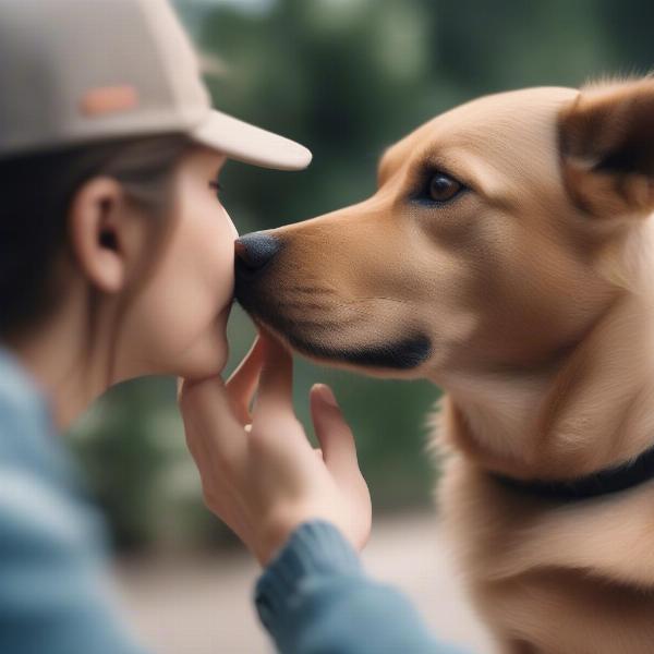 Dog licking owner's hand as a sign of affection