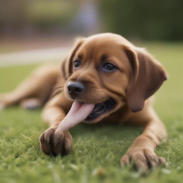 Dog licking paw after walking on a fertilized lawn