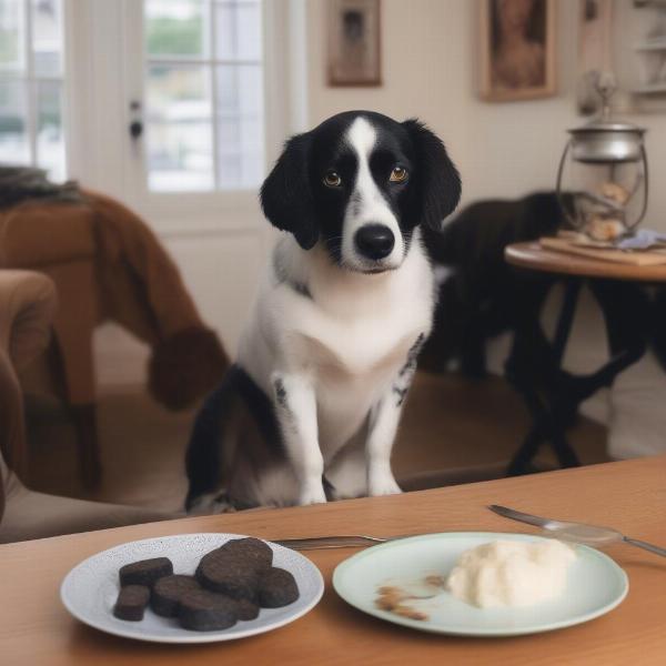 Dog looking at black pudding