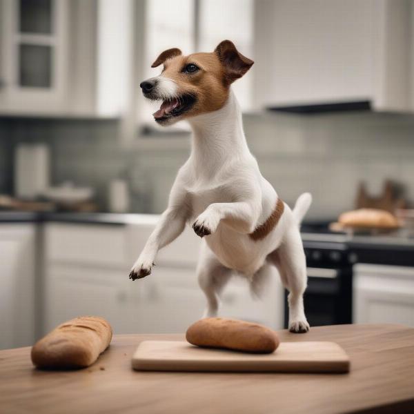 Dog looking longingly at bread on the counter