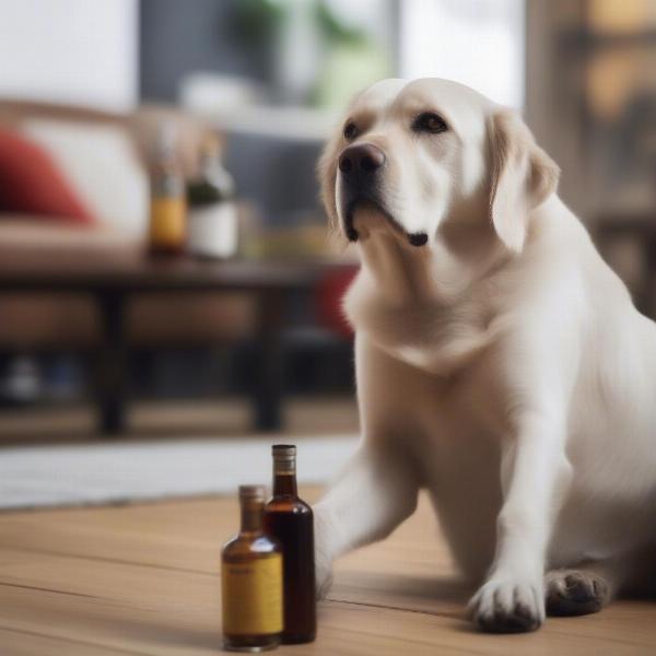 Dog Looking Confused at a Bottle