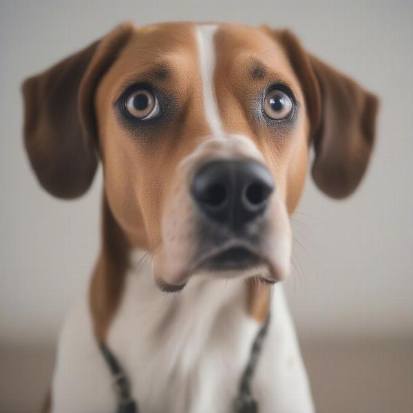 A curious dog looking intently at something