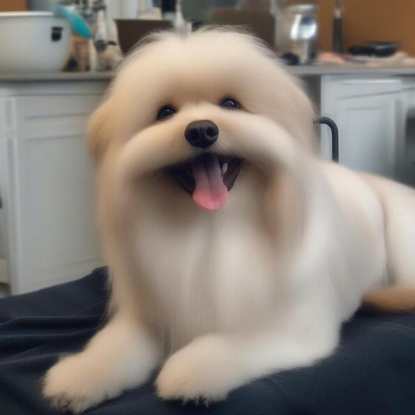 A dog with a shiny, healthy coat after being groomed with a blaster