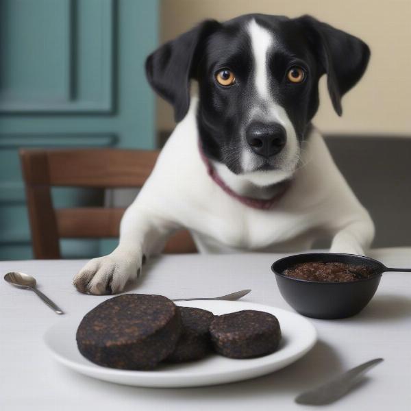 Dog looking longingly at a plate of black pudding