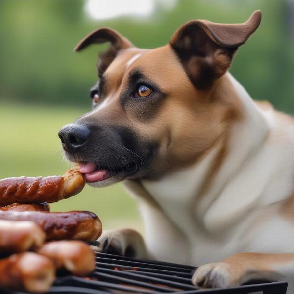 Dog looking longingly at bratwurst