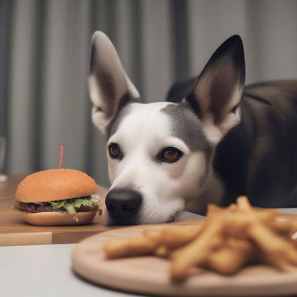 Dog looking longingly at a burger