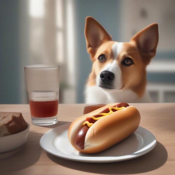 Dog looking longingly at a sourdough hot dog roll