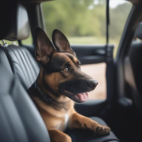 Dog looking out car window during road trip