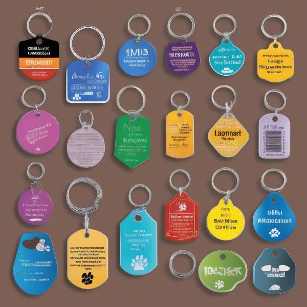 Different styles of dog name tags with various information options.