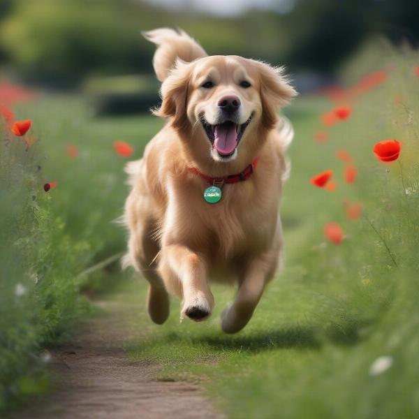 A playful Golden Retriever named Poppy enjoying a sunny day at the park