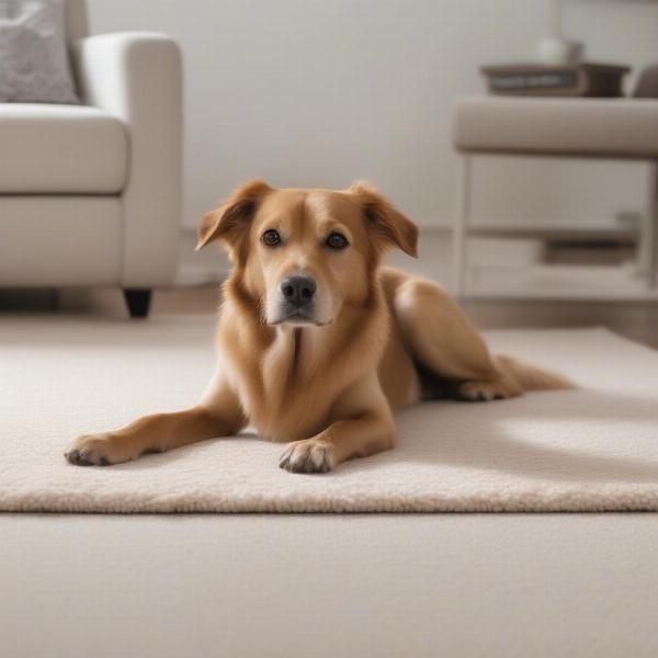 A happy dog lying on a clean, fresh-smelling carpet