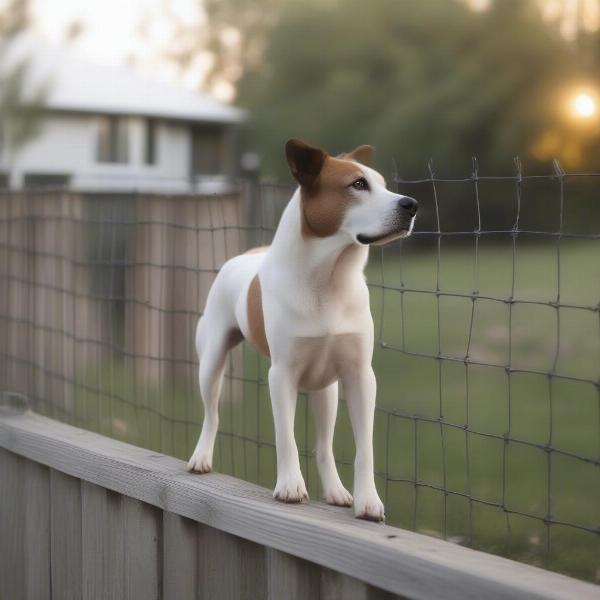 Dog on fence looking out