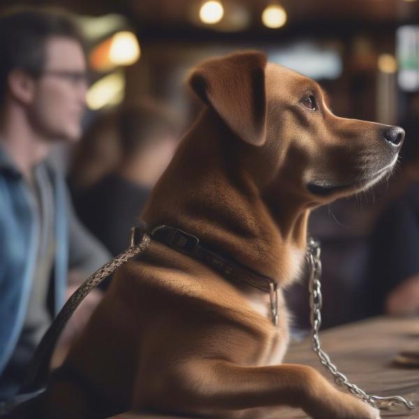 Dog on lead in a pub