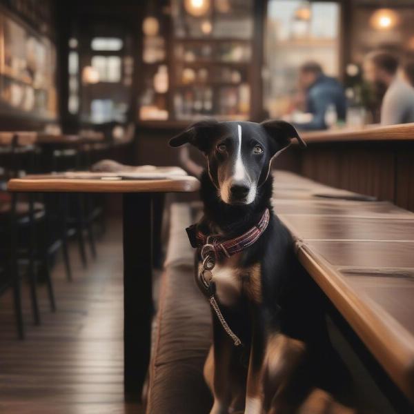 Dog on a leash at the pub