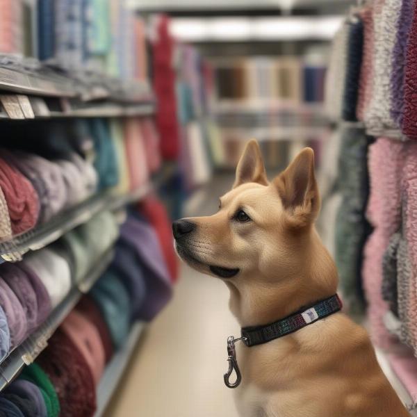 Dog on leash inside Joann Fabrics