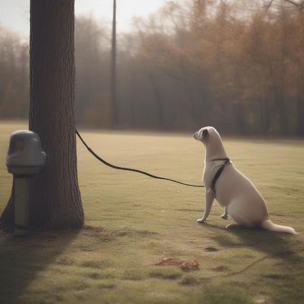 Dog on Leash Looking at Squirrel