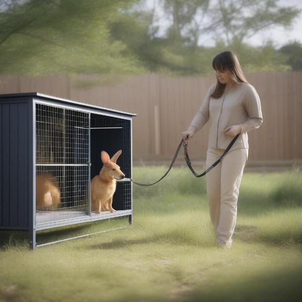 Dog on Leash Near Rabbit Hutch