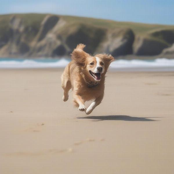 A dog enjoying the beach in Newquay, Cornwall