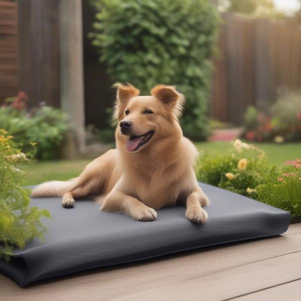 Dog Relaxing on an Outdoor Mat in a Garden