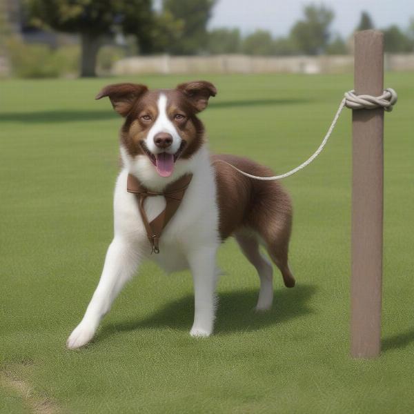 Dog on a tie-out in the garden