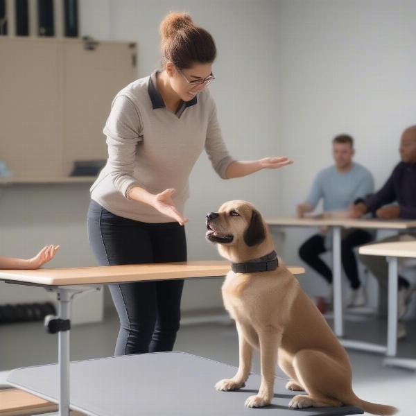 A dog on a training table with their trainer